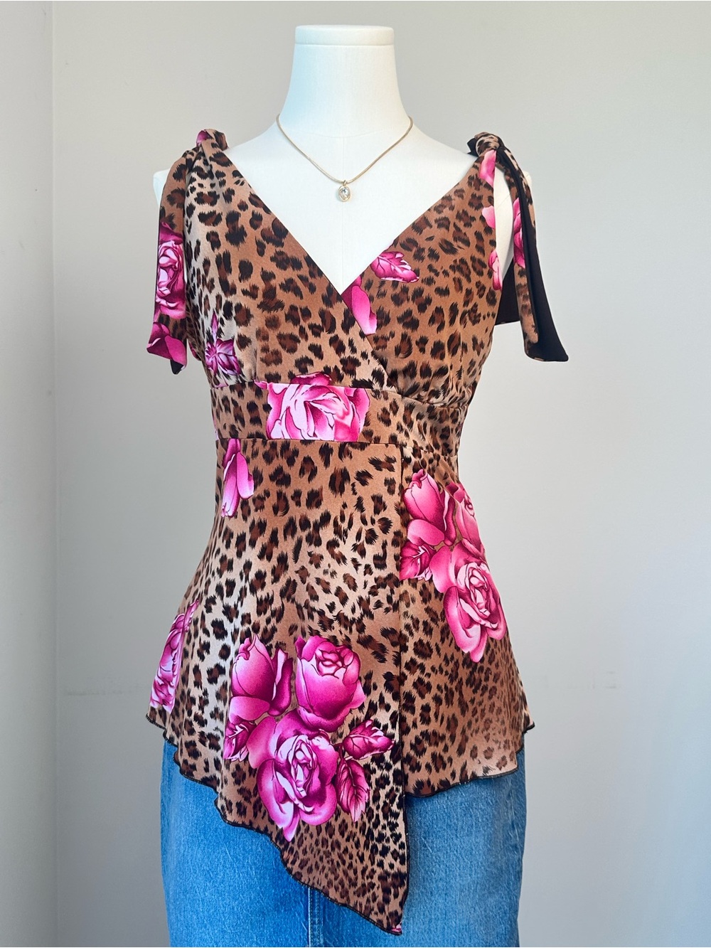Y2k Vintage Brown Leopard Camisole with Pink Rose Print Asymmetrical Hem